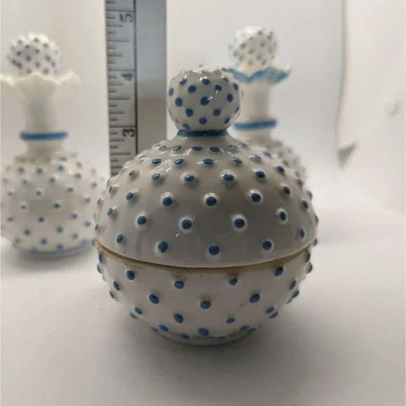 Vintage Blue & White Milk Glass Hobnail (2) Perfume + Trinket Box - Picture 5 of 12